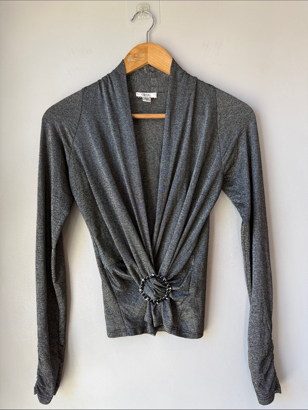 Vtg Cache Metallic Stretchy Top Jewel Plunging Neckline